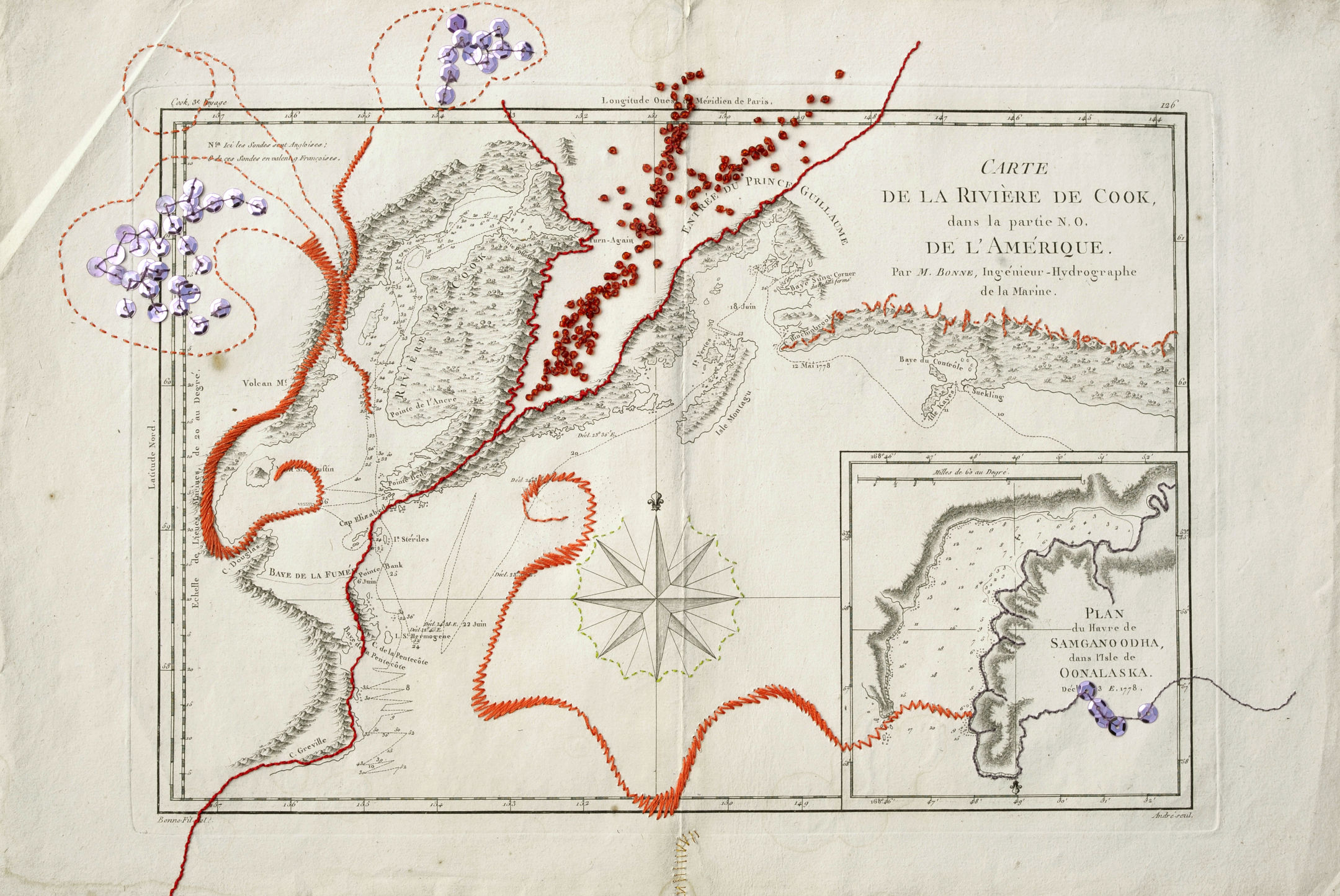 Nouveau Monde 2 - Carte ancienne de la rivière de Cook en Amérique brodée par Sylvie Hénot