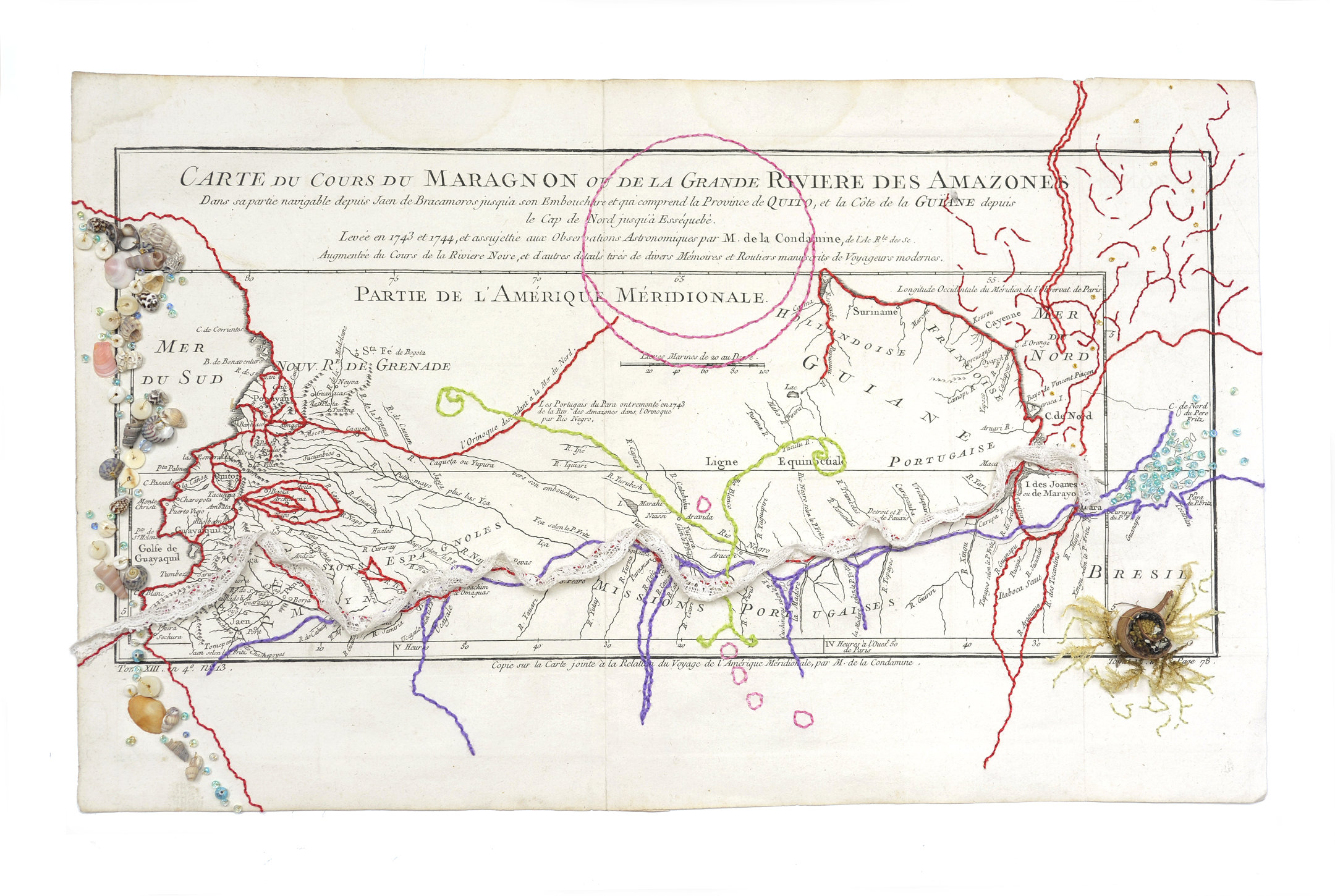 Nouveau Monde 3 - Carte ancienne du Cours du Maragnon ou de la Grande rivière des Amazones, Amérique méridionale, brodée par l'artiste plasticienne Sylvie Hénot