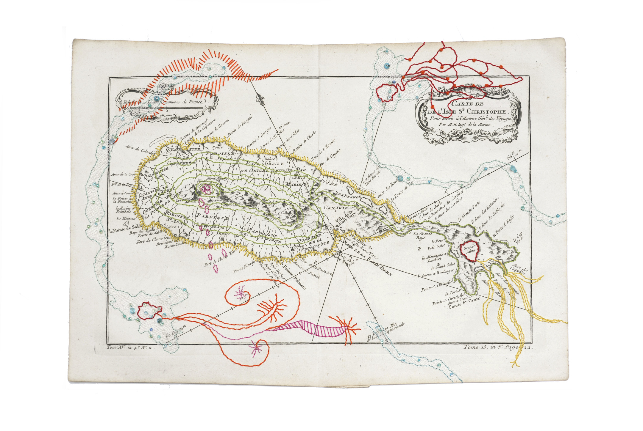Nouveau Monde 4 - Broderies multicolores réalisées sur une carte ancienne de l'Ile Saint Christophe par Sylvie Hénot artiste plasticienne française