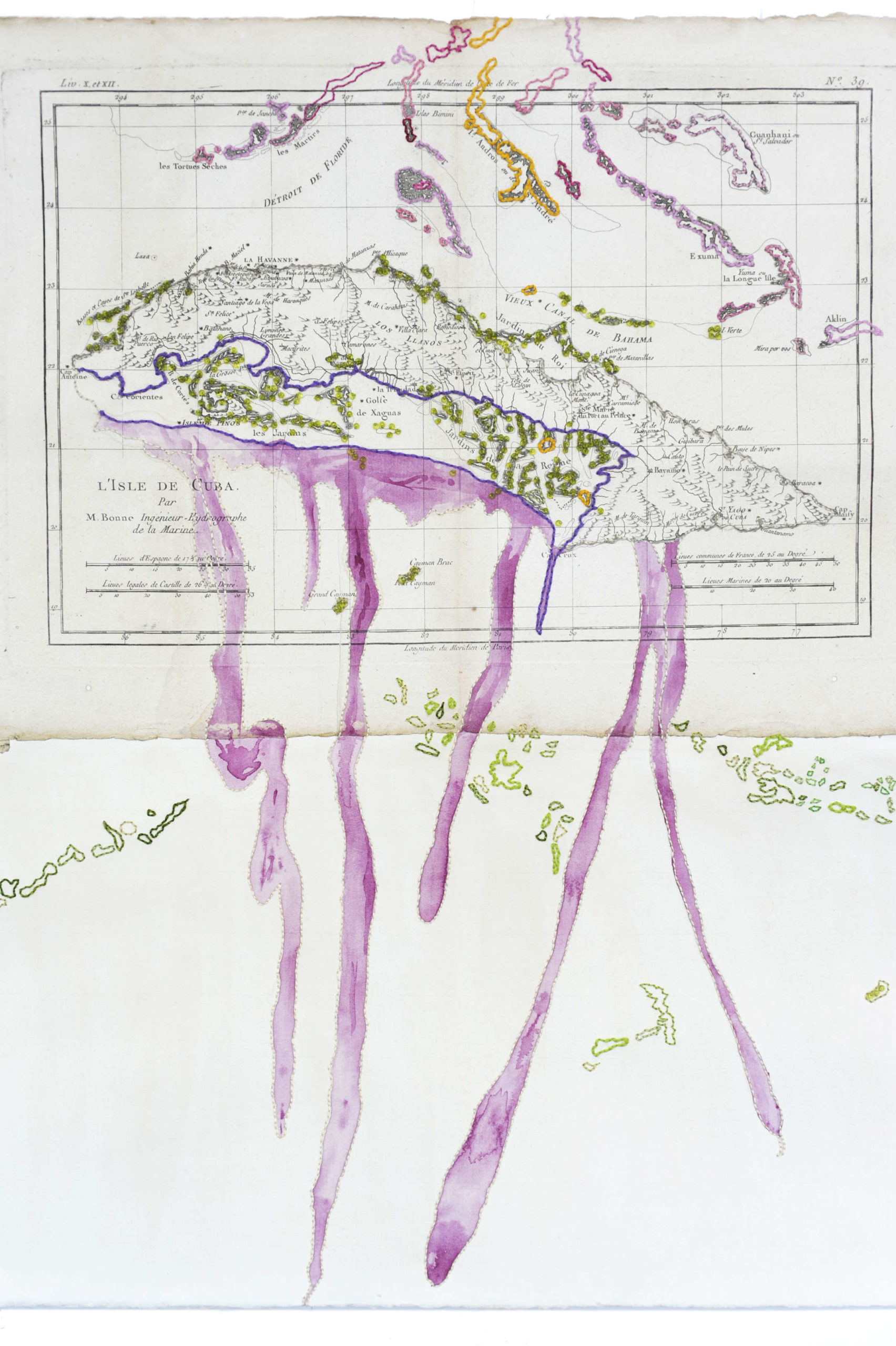 Nouveau Monde 5 - Broderie, insertion perles, aquarelle sur carte marine ancienne de l'île de Cuba par Sylvie Hénot artiste plasticienne