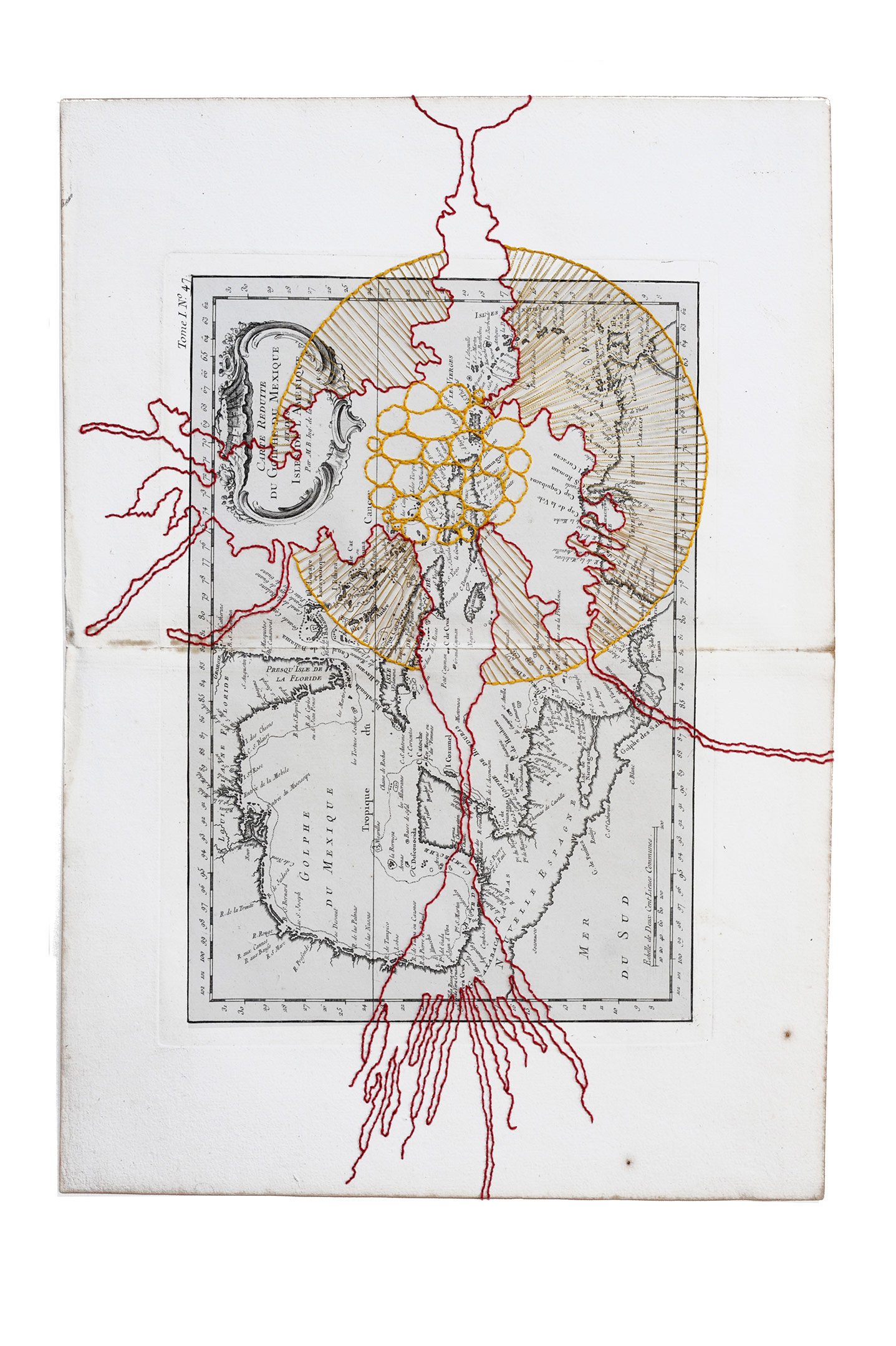 Carte ancienne marine brodée du Golfe du Mexique par l'artiste Sylvie Hénot