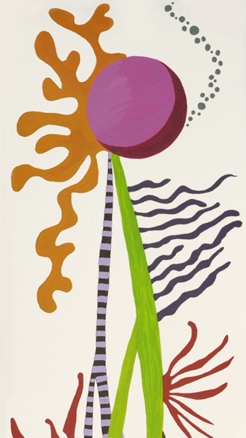 Illustration montrant un globe mauve entouré de formes organiques ocres sur une tige verte et des lignes bleues qui volent au vent